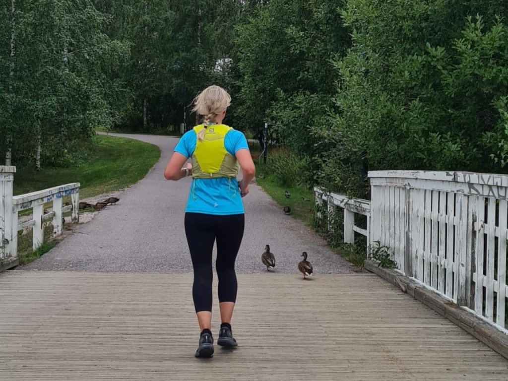 juoksija sillalla ja kaksi sinisorsaa