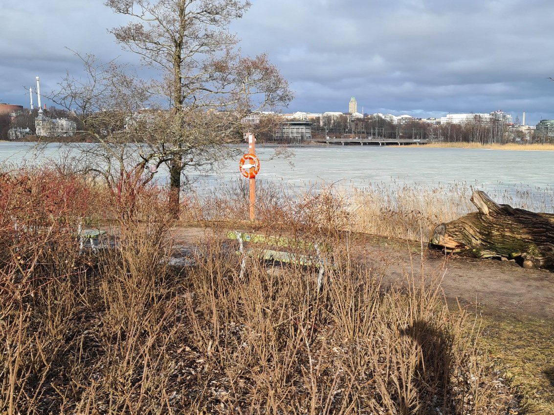 toolonlahti maaliskuussa on osin vielä jaassa vaikka lumi on jo sulanut