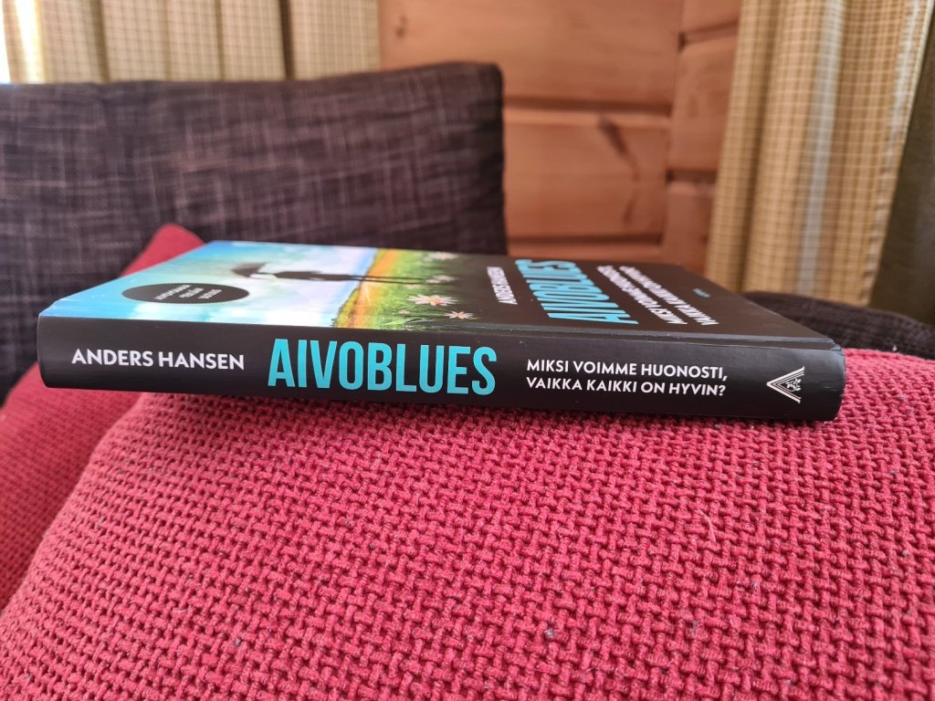 aivoblues kirja sohvatyynyn paalla kallellaan