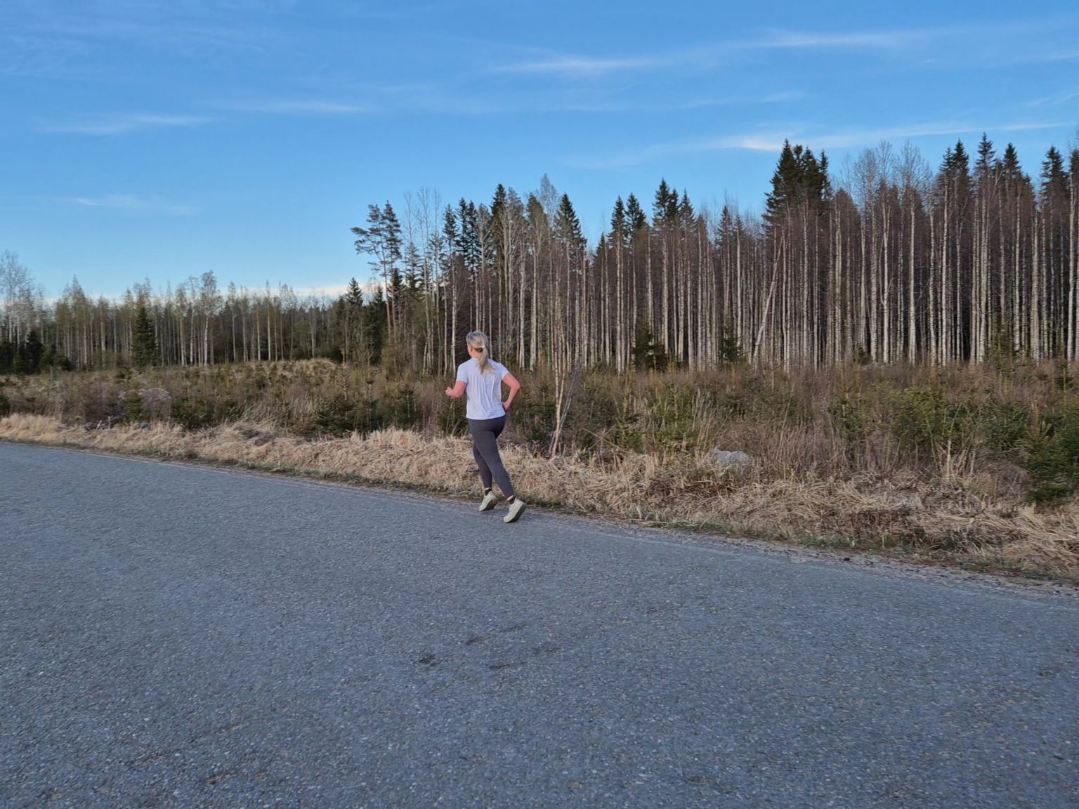 juoksija asfalttitien reunassa takana pieni hakkuuaukea